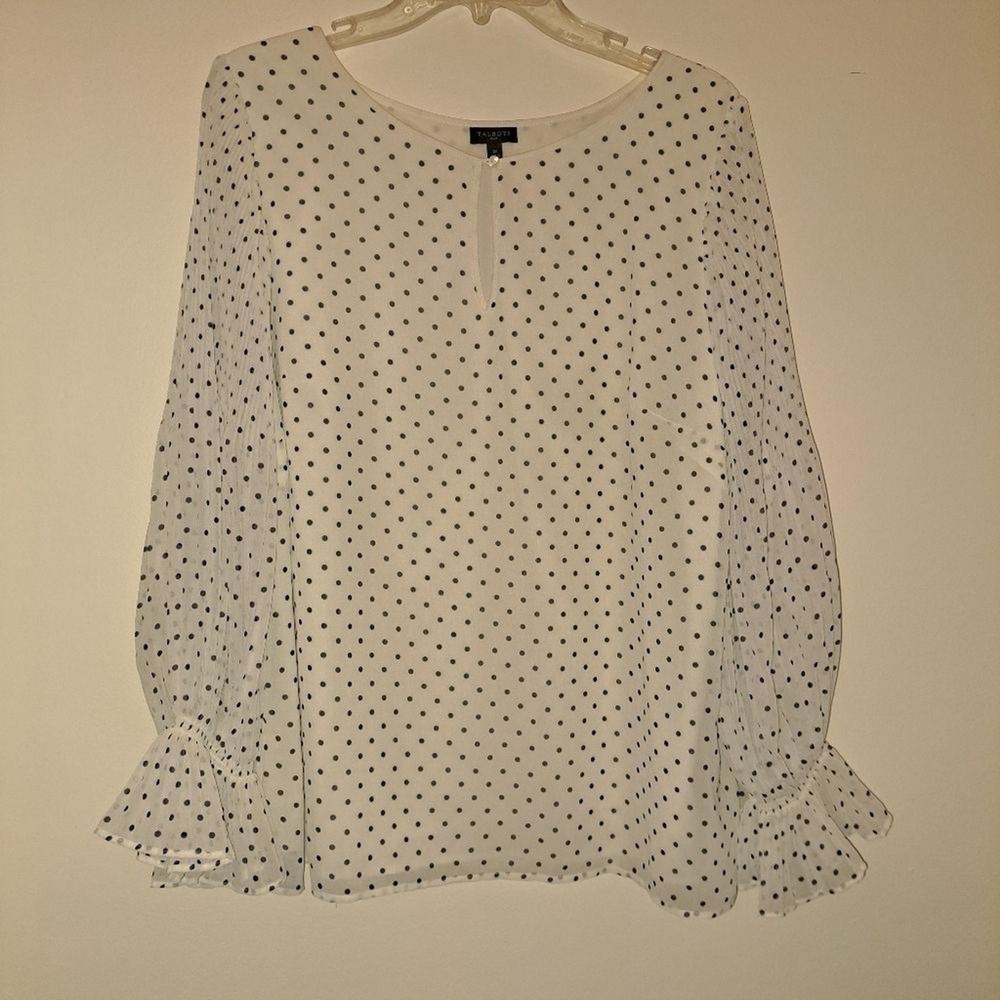Talbots Plus Women 1X White Black Polka Dot Pleated Ruffle Sleeve Keyhole Blouse